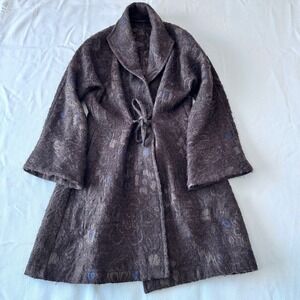 Artistic Floral Brocade Coat Women Brown Blue Shawl Collar Tie Waist Bell Sleeve